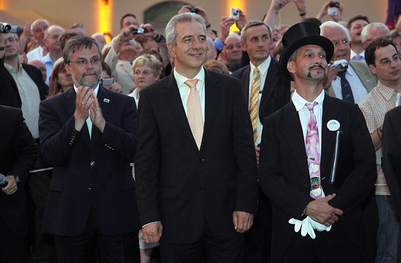 Ministerpräsident Tillich mit dem Vorsitzenden des Vereins zur Förderung Sächsischer Schmalspurbahnen e.V. (VSSB), Dr. Andreas Winkler bei der Taufe der I K Nr.54.