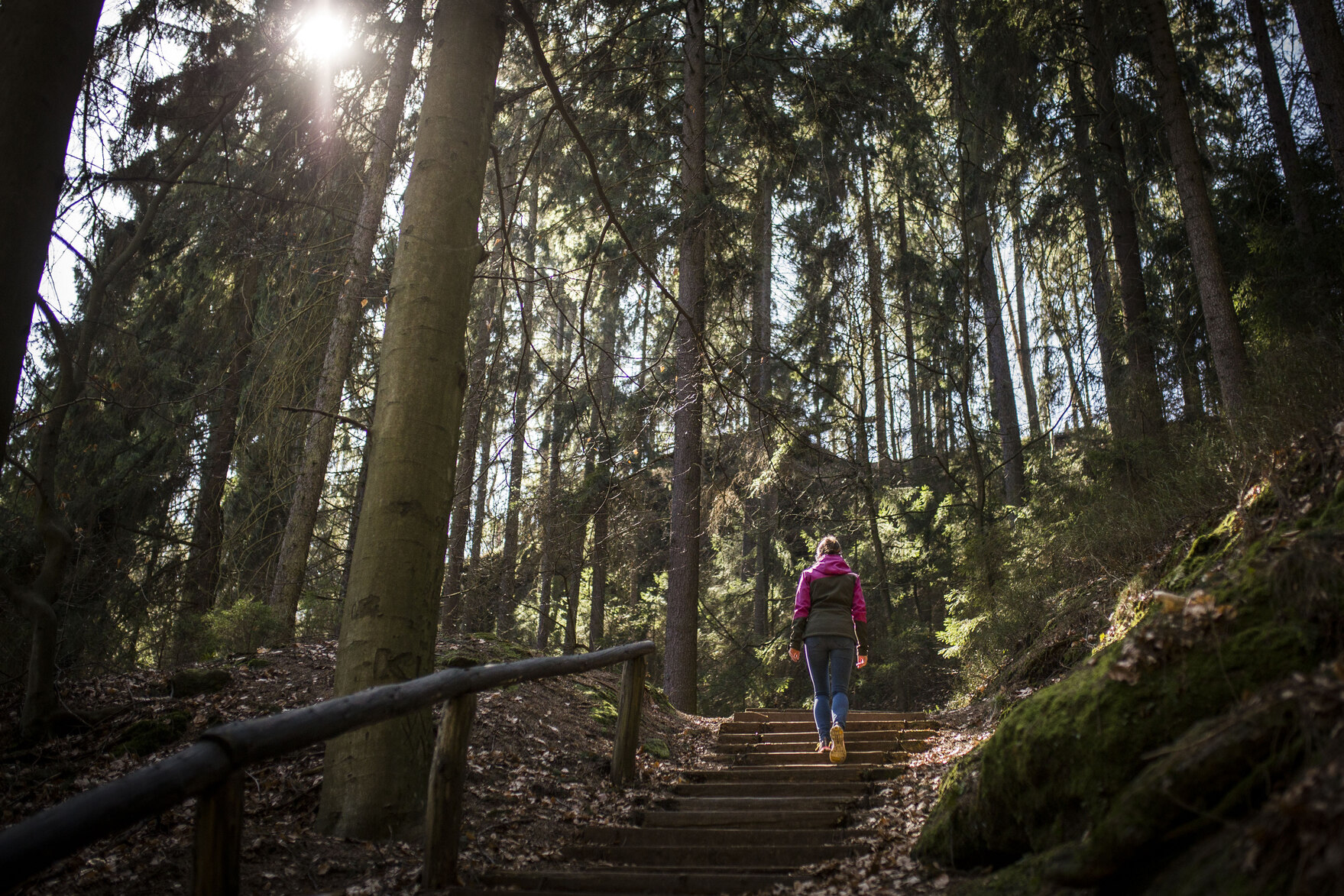 Eine Frau läuft durch den Wald. 