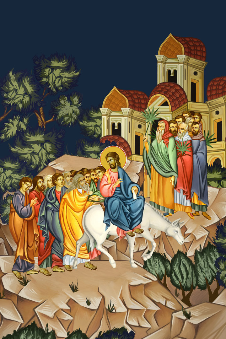 Ein Gemälde von Jesus auf einem Esel. 