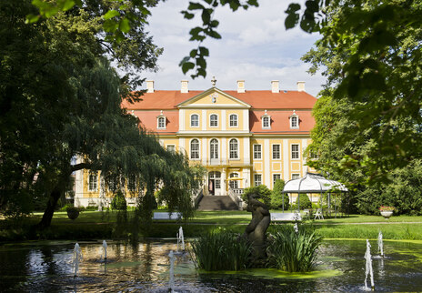 Ein Schloss steht hinter einem Teich und Bäumen.