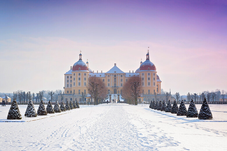 Ein Schloss mit schneebedeckten Dächern. Im Vordergrund führt ein Weg mit Nadelbäumen an beiden Seiten zu dem Schloss. Es liegt Schnee.